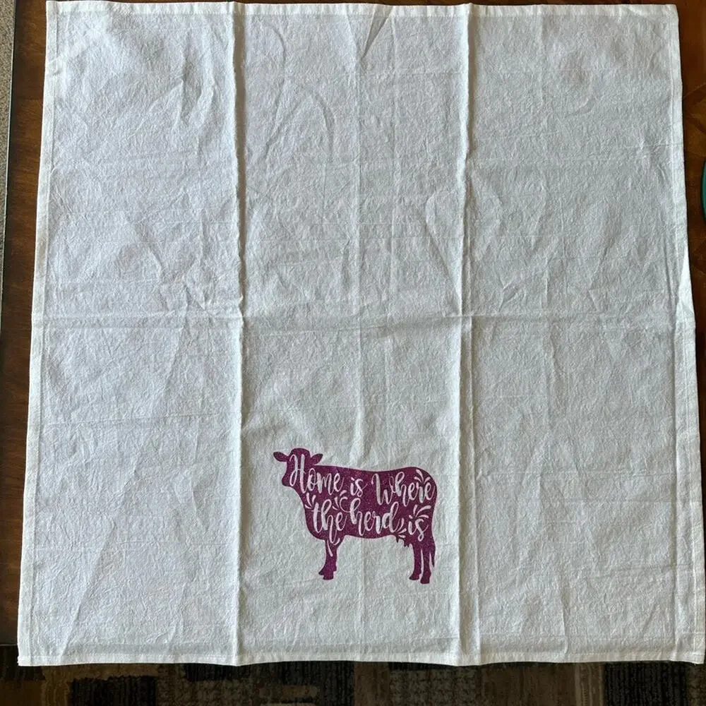 Handmade Custom Flower Sack Towel HTV Purple Cow Home is Where the Herd Is